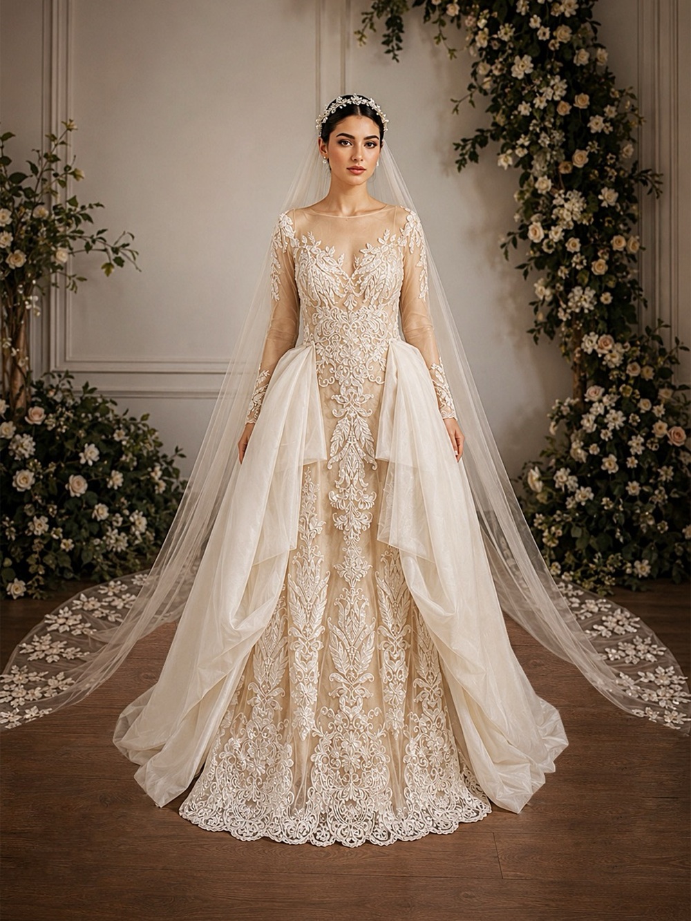 David’s Bridal Luxury Wedding Dress with an Overskirt+Cathedral Veil+Headpiece